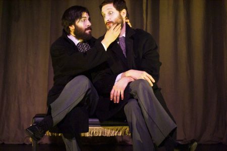 Adam Paolozza and Viktor Lukawski onstage at Toronto's Tarragon Theatre in The Double, 