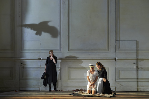 (l-r) Erin Wall as the Countess, Emily Fons as Cherubino and Jane Archibald as Susanna in the Canadian Opera Company’s production of The Marriage of Figaro, 2016. Conductor Johannes Debus, director Claus Guth, set and costume designer Christian Schmidt, lighting designer Olaf Winter, video designer Andi A. Müller, and choreographer Ramses Sigl. Photo: Michael Cooper