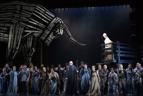 233 – Dimitry Ivashchenko as Oroveso (centre) and Sondra Radvanovksy as Norma (on platform) in the Canadian Opera Company production of Norma, 2016. Conductor Stephen Lord, director Kevin Newbury, set designer David Korins, costume designer Jessica Jahn, and lighting designer Duane Schuler, photo: Chris Hutcheson