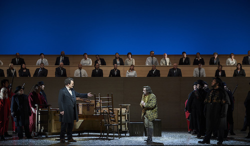0241 – (l-r, foreground) Russell Braun as Louis Riel, Michael Colvin as Thomas Scott and Charles Sy as Ambroise Lépine in a scene from the Canadian Opera Company’s new production of Louis Riel, 2017. Conductor Johannes Debus, director Peter Hinton, set designer Michael Gianfrancesco, costume designer Gillian Gallow, lighting designer Bonnie Beecher, and choreographer Santee Smith. Photo: Michael Cooper