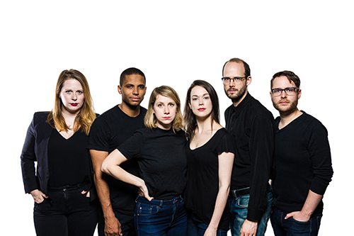 Jessica Greco, Andrew Bushell, Leigh Cameron, Shannon Lahaie, Chris Leveille and Cameron Wyllie in "32 Short Sketches About Bees", presented by Clear Glass Productions at the 2017 Toronto Fringe Festival.