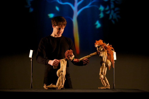 Photo of Paul Van Dyck and puppets from Paradise Lost at the 2018 Toronto Fringe Festival.