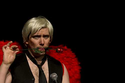 Photo of Adam Bailey in The ABCs of Love with Adult Baby Cupid at the 2018 Toronto Fringe