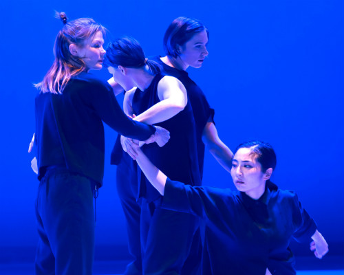 Photo of Kate Holden, Sarah Neufeld, Mairi Grieg, and Sahara Morimoto in who we are in the dark