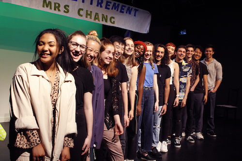 Photo of the company of Drama 101, Cyrena Fiel, Berkley Silverman, Mya Wong, Sydney Scott, Alan Cui, Nicole Sherwin, Mauranda Nunes, Sydney Cornett, Lucas Romanelli, Cailan Bodnar, Anthony Palermo, Andrew Burke, Sean Lee, and Jamie Graham, by Blake Crawford