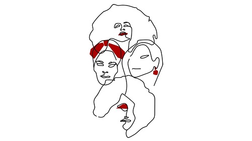 line art drawing representing the four actors in Elbow Room. No credit for artist found on the site.