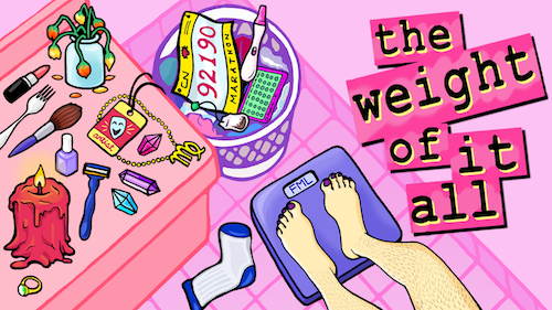 poster image for The Weight of it All - a cartoon of feet on a scale in a pink bathroom. In the wastebasket a race number and a pregnancy test are visible.