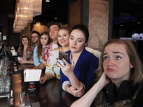 Photo: Cast of Fuckboys the Musical. Left to right: Kendall Leamy, Joseph Adam Gonzalez, Savanah Pedersen, Brandon Munoz-Dominguez, Beth Ann Stripling, Nicole Visco, and Hayley VerValin. Photo by Aaron Safer