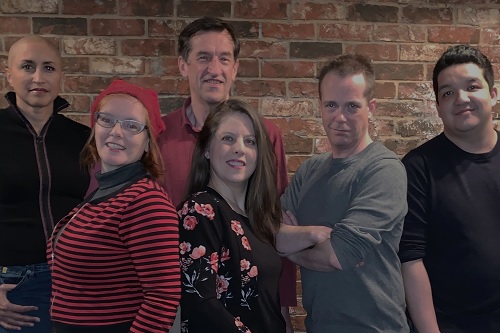 Cast Photo of Plum Crazy at the Toronto Fringe 2019. Cast L-R: Julie Mahendran, Drea Burck, Lindsay Ellis, Harold Tausch, Brian Russell, Alex Franks. Photographer: Joel Haszard