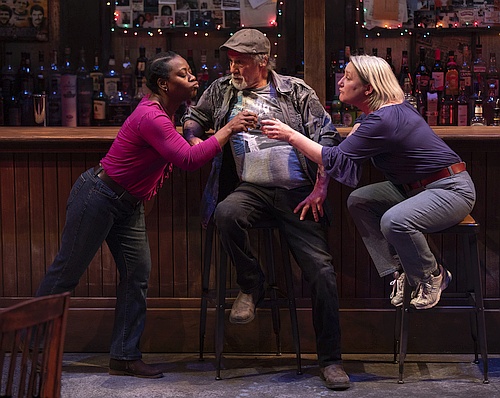 Photo of Ordena Stephens-Thompson, Ron Lea, Kelli Fox - three people toasting in front of a bar sitting on bar stools