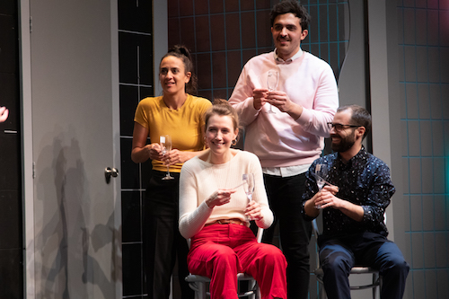 Photo of Jillian Welsh, Hannah Spear, Andy Assaf and Matt Folliott in The Second City Totally Likes You by Paul Aishoshi